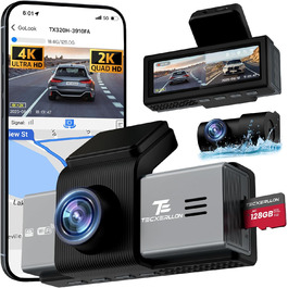 Відеореєстратор TECXERLLON 4K з ADAS, GPS, WDR, G-сенсором та нічним баченням, 24/7 парковка, 128GB карта в комплекті