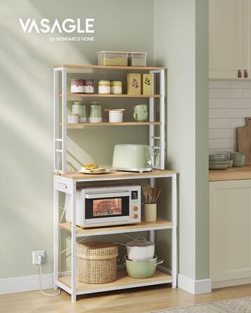 Стелаж кухонний VASAGLE з розетками, 6 полиць, гачки, сталевий каркас, 40x60x167 см, колір горіх + білий