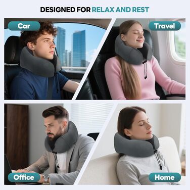 Подушка для шиї у літак - подушка для подорожей Memory Foam, ергономічна форма - подушка для шиї з маскою для сну, навушниками, сумкою - ідеально для літака, подорожей, офісу, дому (Сірий)