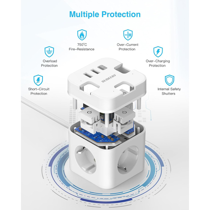 Багатофункціональний розподільник розеток 6 в 1 з USB-C, 3 розетки, плоский штекер, індивідуальне вмикання, кабель 2м, 1 USB-C, для офісу, дому, подорожей (білий)