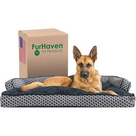 Крісло-ліжко для собак Furhaven з подушкою, великих порід, зйомні валики для шиї та знімний чохол, плюшеве та тканинне оздоблення, зручне диван, сірий діамант, Jumbo/XL. Зручне ліжко для собак - плюш та тканина, сірий діамант jumbo