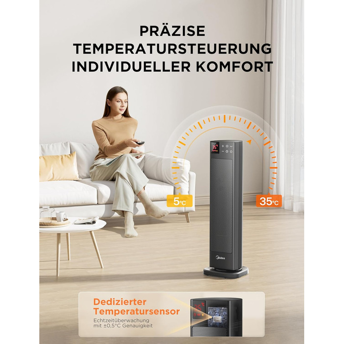 Електричний обігрівач Midea Ceramic 2000W з термостатом, 3 режими, таймер 24г, захист від перегріву та перекидання, миттєве тепло для офісу та спальні (сірий, 58см)