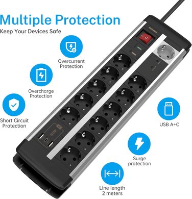 Мережевий фільтр Ucomen 10-фазний з USB та захистом від перенапруги (3680W 16A) для комп'ютерних столів, 10 розеток + 20W USB зарядний пристрій (USB-A та USB-C), кабель 1.5м