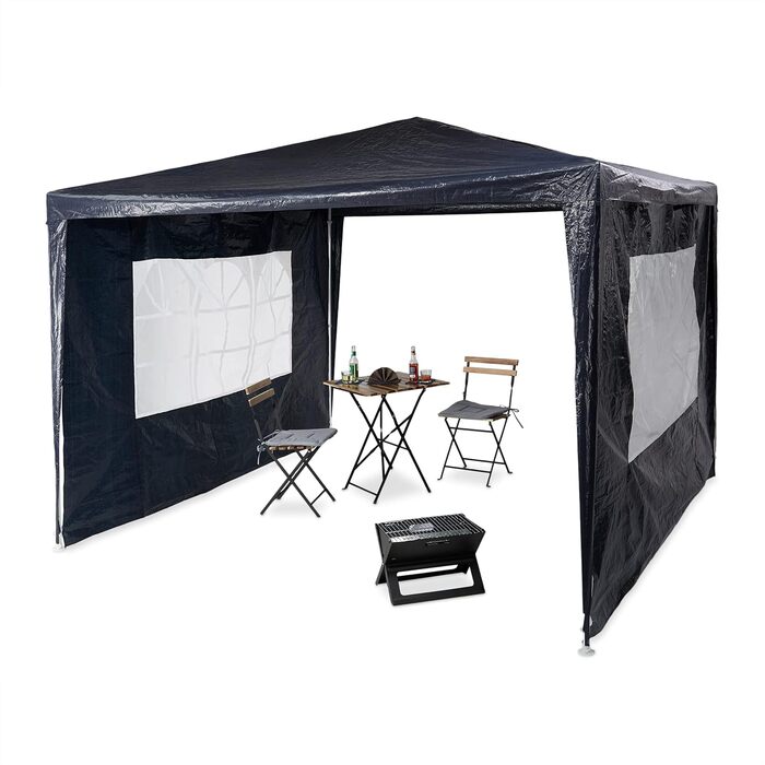 Relaxdays Gazebo 3x3 m, 2 Side Panels, Metal Frame, PE Fabric, Windows, Festival Party Tent, Enclosed, Blue