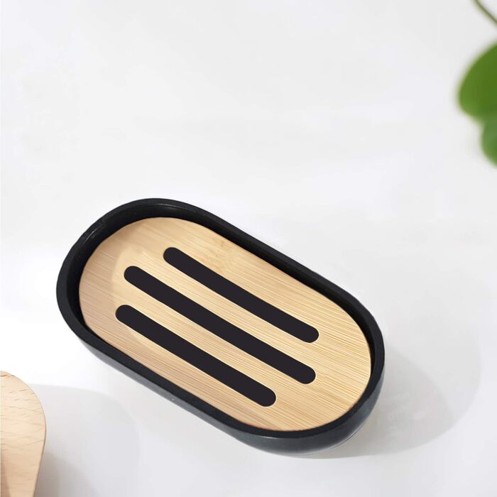 Набір для ванної кімнати MisFox з бамбука (6 предметів): диспенсер для лосьйону, сміттєвий бак, тримач для зубних щіток, стаканчик для зубної пасти, щітка для унітазу, мильниця. Чорний колір.