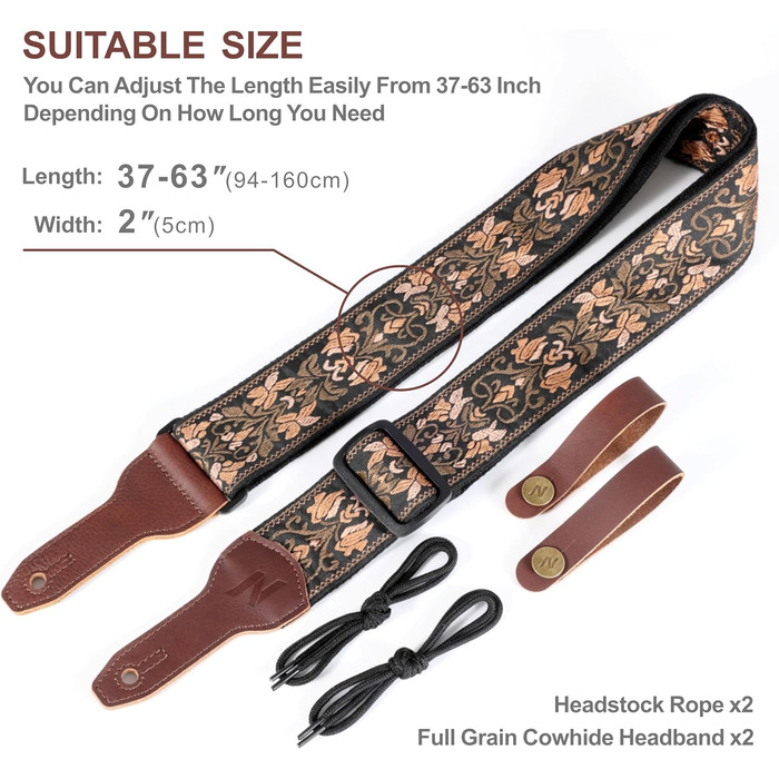 Гітарний ремінь Nefelibata Banjo-Gurt, 5,1 см, повна шкіра з нубуку, вишивка золотими квітами