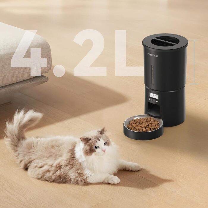 Автомат годівлі для котів 4.2L з окремою мискою, програмоване годування, подвійне живлення, 6 прийомів їжі на день (Чорний), миска з нержавіючої сталі