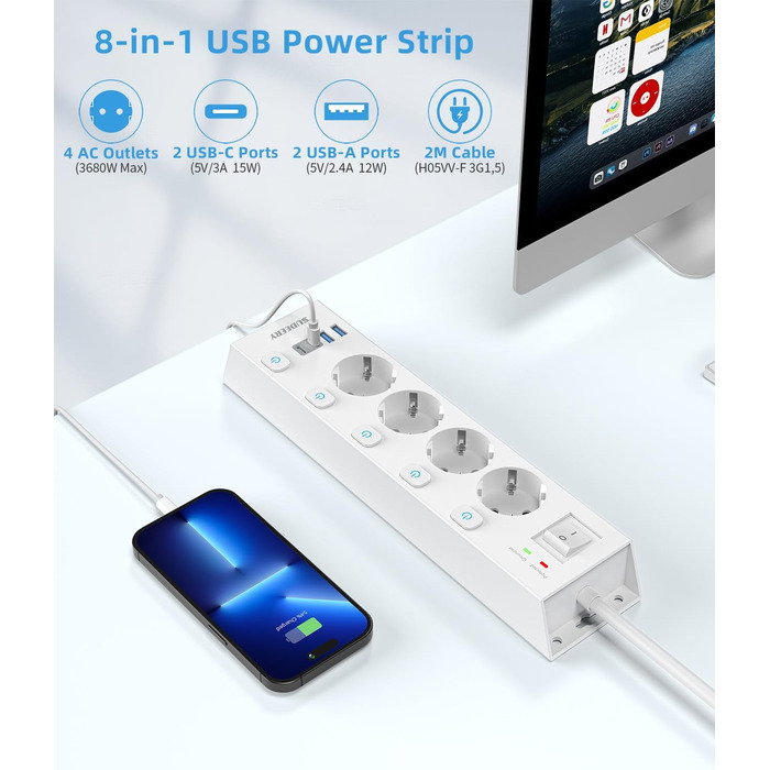 Мережевий фільтр Steckdoseleiste 5-фазний з індивідуальним вимикачем, захистом від перенапруги 1050J, для дому та офісу, кабель 2м (4 фази з USB, білий)