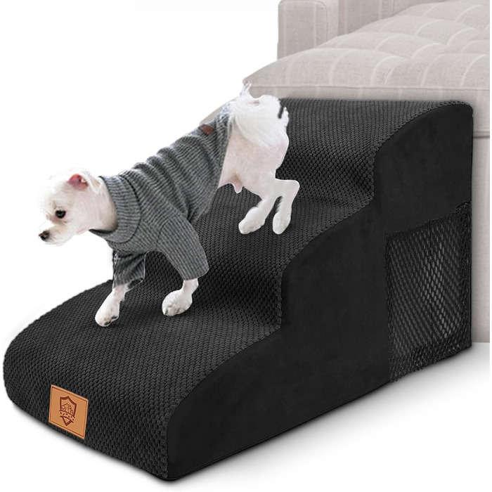 Myiosus Dog Stairs, 2 Steps Pet Stairs, Waterproof Dog Steps Made of Sponge, Non-Slip Dog Ramp for Sofa Bed, Washable Cover Dog Stairs, Portable Cat Stairs (Dog Stairs 3 Steps, Black)