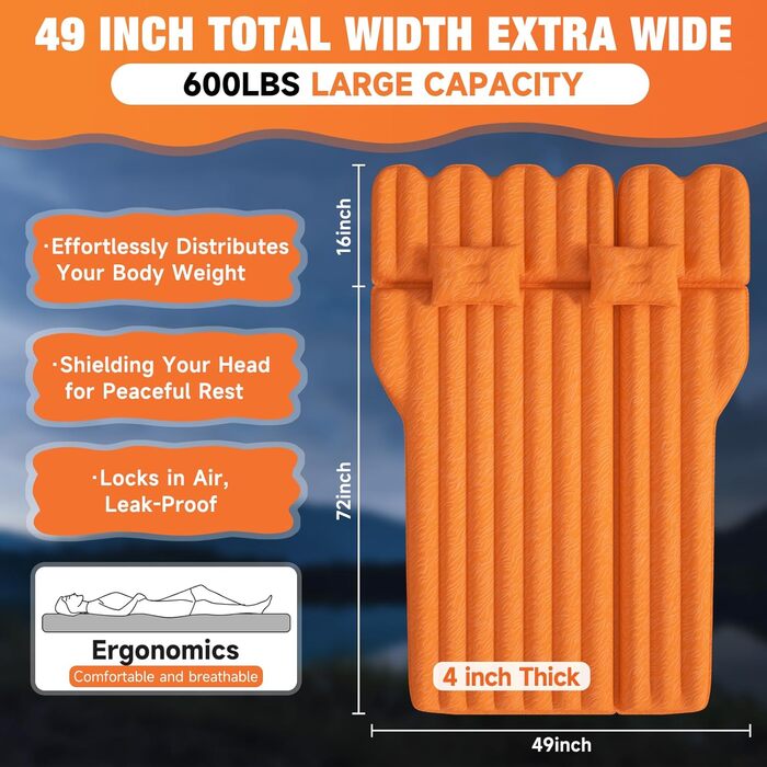 Automatic Inflatable Air Mattress for SUV - Flocked Surface, 2-Pillow Air Bed for Car Trunk, Travel, Camping & Home Use (Orange, 183x124x10 cm)
