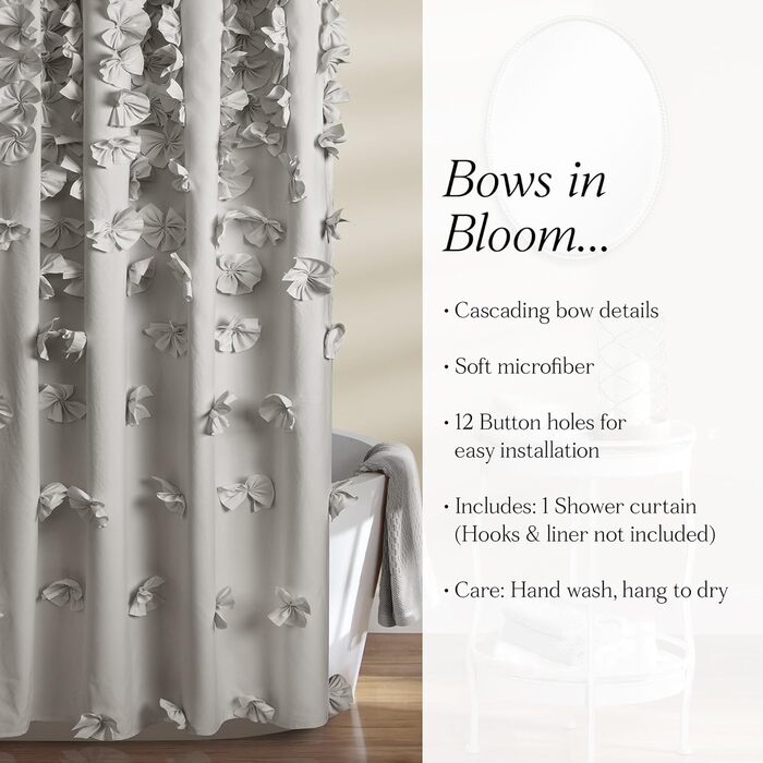Шторка для душу Lush Decor Riley, 183x183 см, сіра, з бантиками, романтичний дизайн