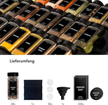 Spice Jars with Rack [24 x 120ml] including 300 Spice Labels [DE] - Spice Rack with Jars - Spice Organizer Drawer - Spice Rack Drawer with Jars Spice Rack System Black