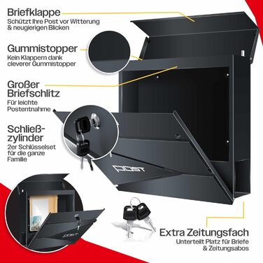 Поштовий ящик KESSER з газетницею, нержавіюча сталь, сріблясто-антрацитовий, 2 ключі, настінний монтаж, з м'яким закриттям кришки, комплект для кріплення