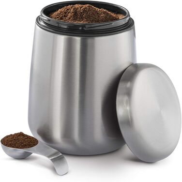 Stainless Steel Coffee Canister 500g (airtight stainless steel canister including magnetic measuring spoon in the lid, anti-fingerprint coffee container, coffee box for storing 500g of ground coffee/beans) silver
