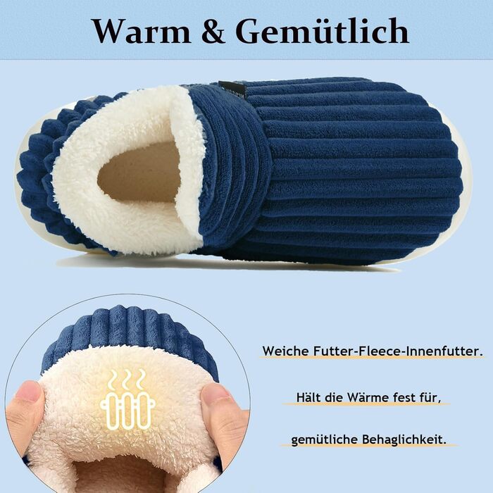 Тапочки зимові для жінок та чоловіків, теплі, закриті, з плюшем, м'які, зручні, елегантні, з антиковзким покриттям, з memory foam, розмір 40/41 EU, темно-синій