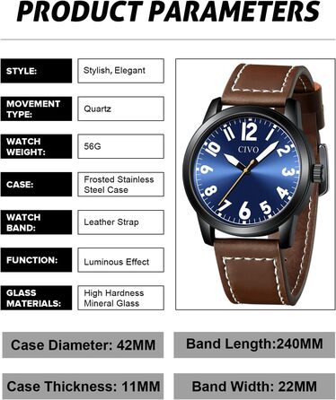 Годинник чоловічий CIVO з великими цифрами: аналоговий класичний годинник на зап'ясті з великими цифрами - водонепроникний кварцовий годинник у стилі мілітарі для чоловіків з підсвічуванням - подарунок для чоловіків, людей похилого віку з поганим зором, коричневий A1