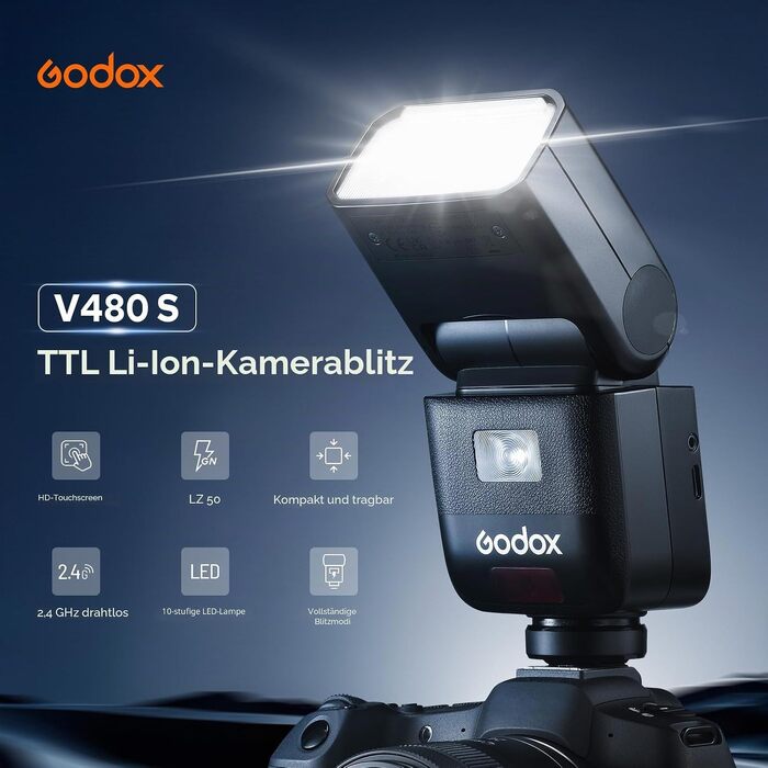 Спалах Godox V480-S для Sony: TTL, 2.4G Wireless, HSS 1/8000, GN50, з сенсорним екраном та Li-ion акумулятором