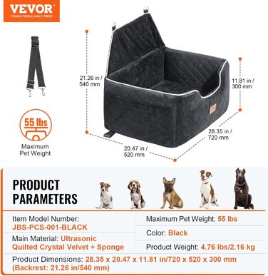 Автокрісло для собак VEVOR, чорне, велике (до 25 кг) з підсклянником та безпечною шлейкою