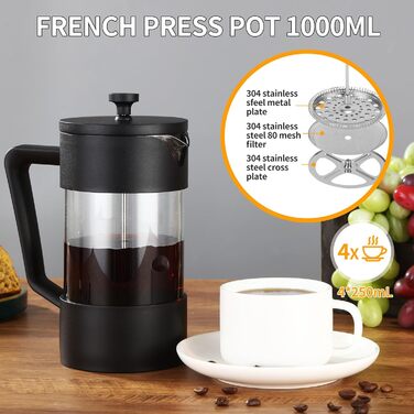 Френч-прес для кави 1000 мл, з нержавіючою сталлю, для приготування кави та чаю, з неслизькими ручками, для подорожей та як подарунок (Чорний)