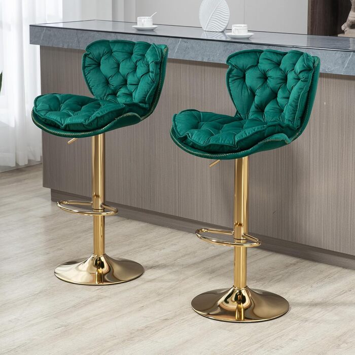 Emerald Velvet Bar Stools - Set of 2 | Adjustable Swivel Barstools for Kitchen & Home Bar
