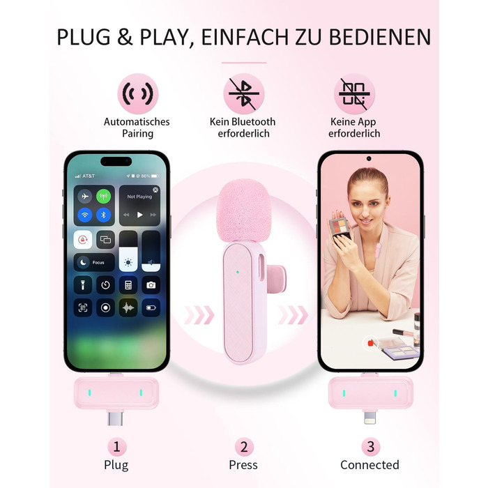 Беспроводной петличный микрофон Bayanbulu для iPhone, iPad, Android, TikTok, YouTube (розовый, 2 шт.)