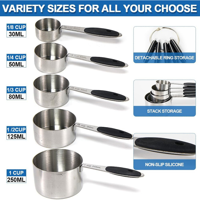 14-Piece Measuring Cup and Magnetic Measuring Spoon Set, Stainless Steel, 5 Measuring Cups with Silicone Handles, 8 Double-Sided Magnetic Measuring Spoons, and 1 Leveler (no duplicate specifications), Black