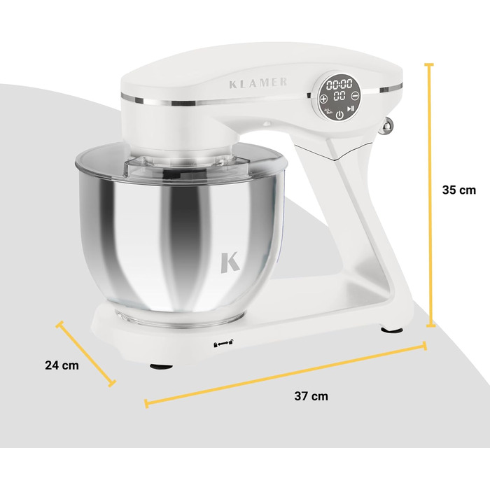 KLAMER 1800W Stand Mixer - Stainless Steel Bowl 6L, 10 Speed Settings, Timer, Planetary Mixing, Dough Hook, Whisk & Beater - White