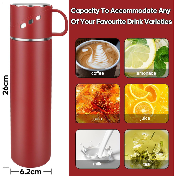 Термокухоль-термос із нержавіючої сталі 550 мл з кришкою-чашкою та ручкою, вакуумний термос 12 годин гарячим / 12 годин холодним, нековзний термос для кави в дорогу для спорту, роботи, школи, авто (червоний)