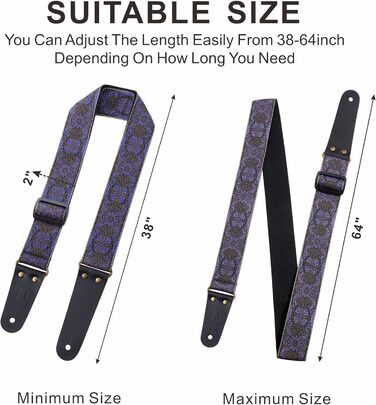 Гітарний ремінь Nefelibata Vintage з вишивкою, з натуральною шкіряною обробкою. Підходить для бас-гітари, електрогітари та акустичної гітари. У комплекті: кнопка для ременя, 2 фіксатори та 4 медіатори. Колір: аметистовий (#lila)