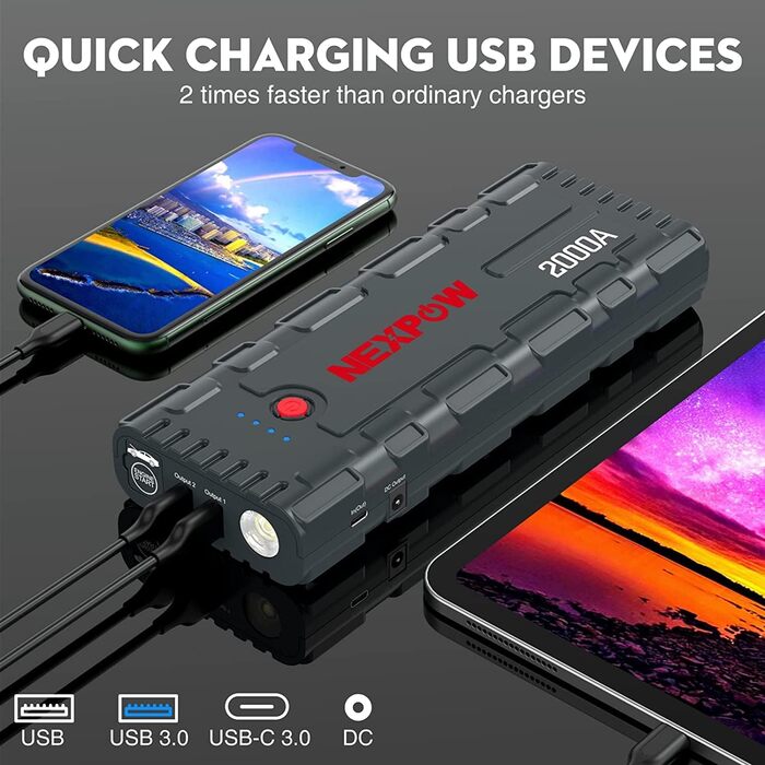 Powerbank NEXPOW Starthilfe: портативний пусковий пристрій для авто 2000A, 12V, USB-швидка зарядка 3.0 (до 7.0L бензин/6.5L дизель), LED-ліхтар, сірий