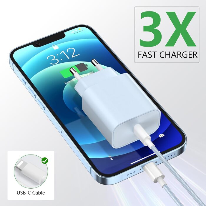 Зарядний пристрій 20W USB-C з кабелем Lightning для iPhone 14/13/12/11/X/SE (2 шт) - Синій