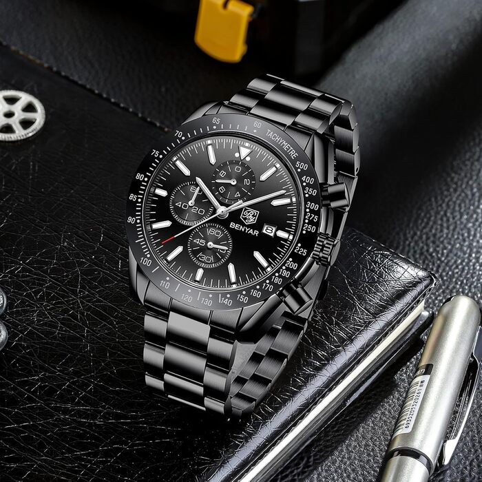 Годинник чоловічий BENYAR з коричневим шкіряним ремінком, кварцовий хронограф, відображення дати, водонепроникний, спортивний годинник з блакитно-чорним циферблатом, корпус з нержавіючої сталі