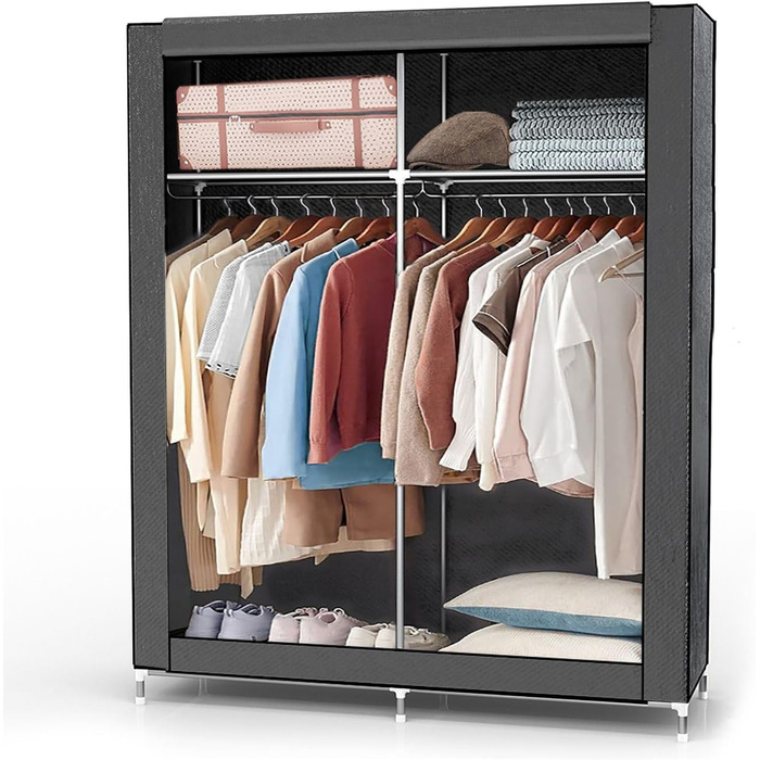 Folding Wardrobe 108x45x170 cm in GRAY - Fabric Clothes Closet with Zipper and Clothes Rail, Side Pocket and Compartments - Shelving Unit, Metal Frame, Storage