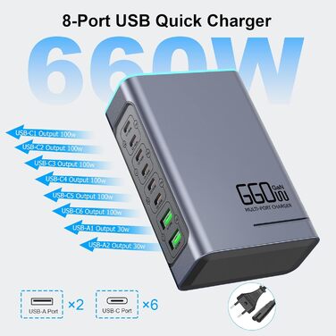 Зарядний пристрій USB 240W, 6 портів: 4xUSB + 2xUSB-A для MacBook, iPad, iPhone, Samsung (швидка зарядка)