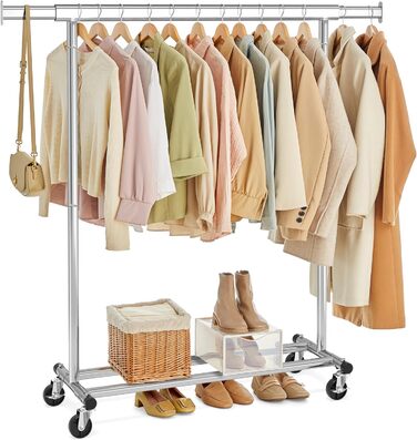 SONGMICS Clothes Rack on Wheels, Heavy-Duty Garment Rack, Extendable Clothes Rod, Load Capacity up to 100 kg, Easy Assembly, Portable, Silver HSR13S