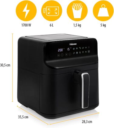 Аерофритюрниця Tristar FR-9025 6л Цифрова, Матова Чорна - Фритюрниця без олії для 1.5 кг картоплі, 9 програм, LED Touch дисплей, Економія енергії до 70%, 1350 Вт