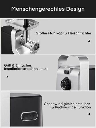 Electric Meat Grinder 5-in-1 - 700W Power, 2800W Max Blocking Capacity, Stainless Steel Grinding Plates (3, 5, 7mm), Sausage Maker, Kubbe Attachment, Black