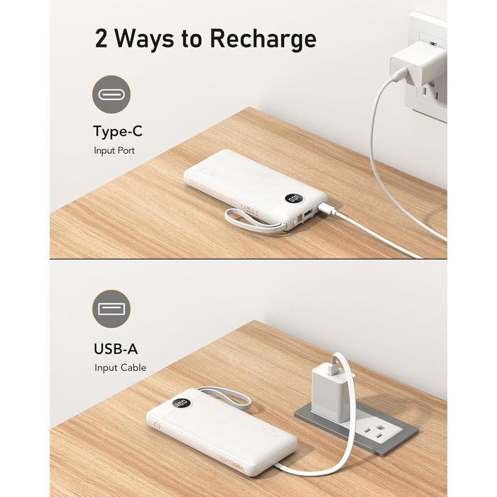 Power Bank 10000mAh з 5 виходами та 2 входами, LED дисплеєм та вбудованими кабелями. Сумісний з iPhone, iPad, Samsung, Xiaomi, Google Pixel.