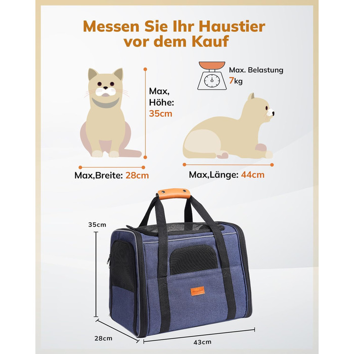 Транспортна переноска для котів та цуценят Morpilot до 5 кг, переноска для котів та собак, блакитна денім, 44 x 28 x 35 см, 44L, з надійними застібками, для відвідування ветеринара, авто, літак