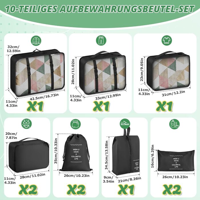 Органайзер для валізи, набір 10 шт: пакувальні куби, водонепроникні мішки для одягу, взуття, косметики, аксесуарів. Чорний колір.
