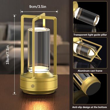 LED-лампа настільна бездротова Hapfish, 3000mAh, USB, кришталь, водонепроникна, з ручкою, диммування, для ресторану, вулиці, спальні, вітальні (Золота)