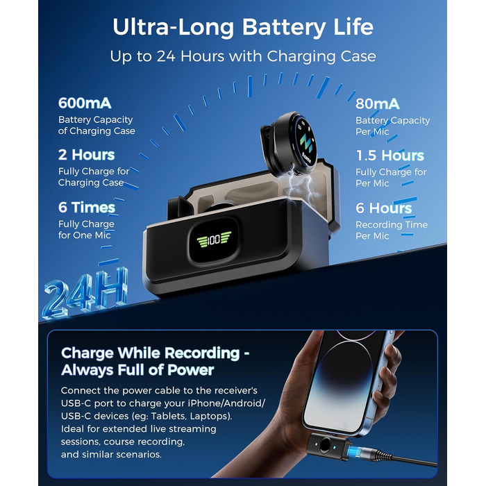 Мікрофон-петличка Aceele бездротовий для iPhone/Android/планшетів/ПК, Hi-Fi звук, шумозаглушення, 24 години роботи, радіус дії 50м, мініатюрний мікрофон для відео/стрімінгу/влогів/подкастів/інтерв'ю з кейсом для зарядки