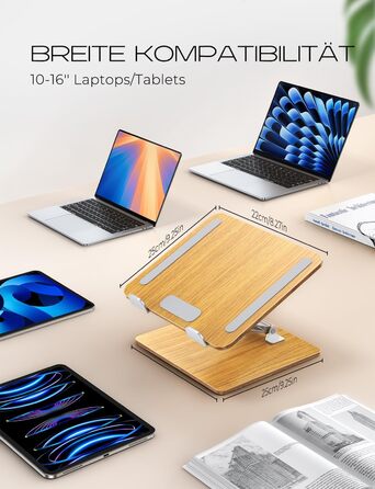 Підставка для ноутбука Holz + Aluminium, регульована, ергономічна, сумісна з MacBook Pro/Air, 10-16