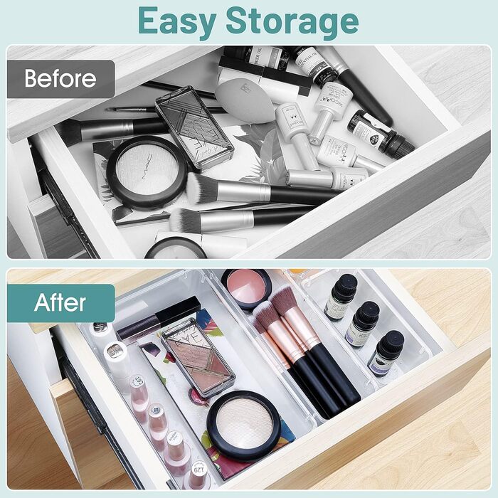 WOWBOX 4-Piece Plastic Drawer Organizer Set, 4 Sizes, Desk Drawer Dividers, Organizers and Storage Containers for Makeup, Jewelry, Bathroom, Office (Clear, 28)