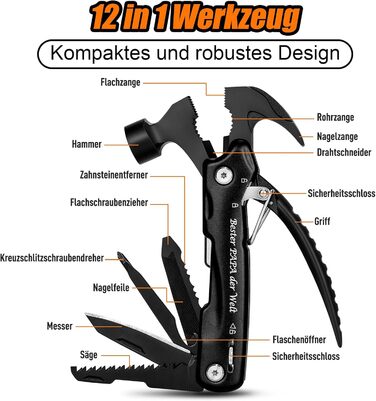 Мультитул BIIB 12 в 1: Подарунок для чоловіків на Різдво, День батька, День народження. Мультиінструмент для кемпінгу, гаджети для адвент-календаря. Преміум якість, чорний колір.