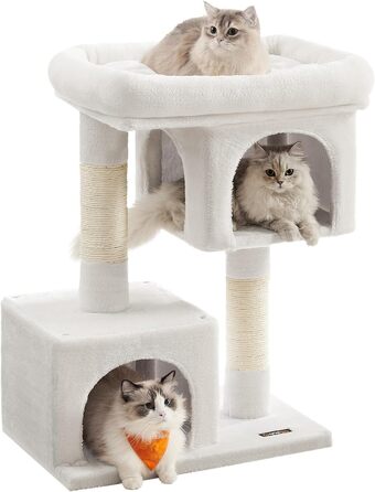 Feandrea Cat Tree, 84 cm Cat Tree, L, Cat House for Large Cats up to 7 kg, Large Platform, 2 Cat Caves, Sisal Posts, PCT61W (L (60 x 40 x 84 cm), Cream White)