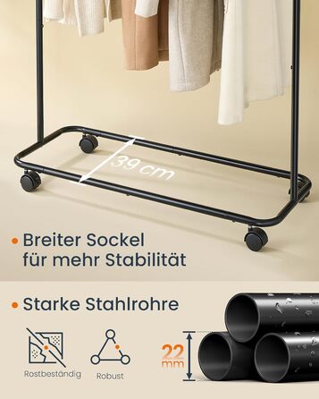 SONGMICS HOME Clothes Rack with Wheels, Coat Rack, 2 Clothes Rails, Shelf, Side Organizer, Matchstick-Shaped Hooks, Stable, Bedroom, Hallway, HSR171B01 (39W x 154.6H cm, Ink Black)
