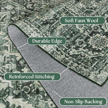 Килим миючий, з штучної вовни, світло-бежевий, для дому, під ліжко, до спальні, обідньої кімнати, під стіл, 2' x 6' (Прямокутний), темно-зелений