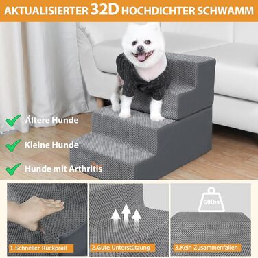 Non-slip Dog Stairs for Small Dogs 3-Step, Dog Stairs/Ramp for Bed and Sofa made of High-Density Foam, Pet Stairs with Removable, Washable Cover and Non-Slip Bottom, 45x40x34cm (4 Steps)