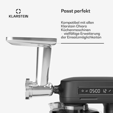 Кухонна машина Klarstein Chiara 1600W з чашею 5L з нержавіючої сталі, 12 швидкостей, LCD-дисплеєм, тиха робота ≤72 dB, набір для випічки, що підходить для миття в посудомийній машині, корпус з алюмінію, сірий колір